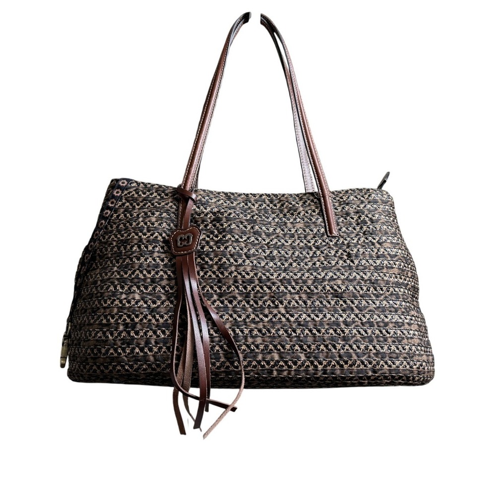 Eric Javits New York Leopard Squishee Straw Tote Bag Brown Woven Shoulder Bag